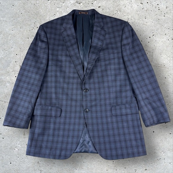 Peter Millar Windowpaine Houndstooth Plaid Wool Sport Coat Blazer Blue Sz 44R - Picture 1 of 9